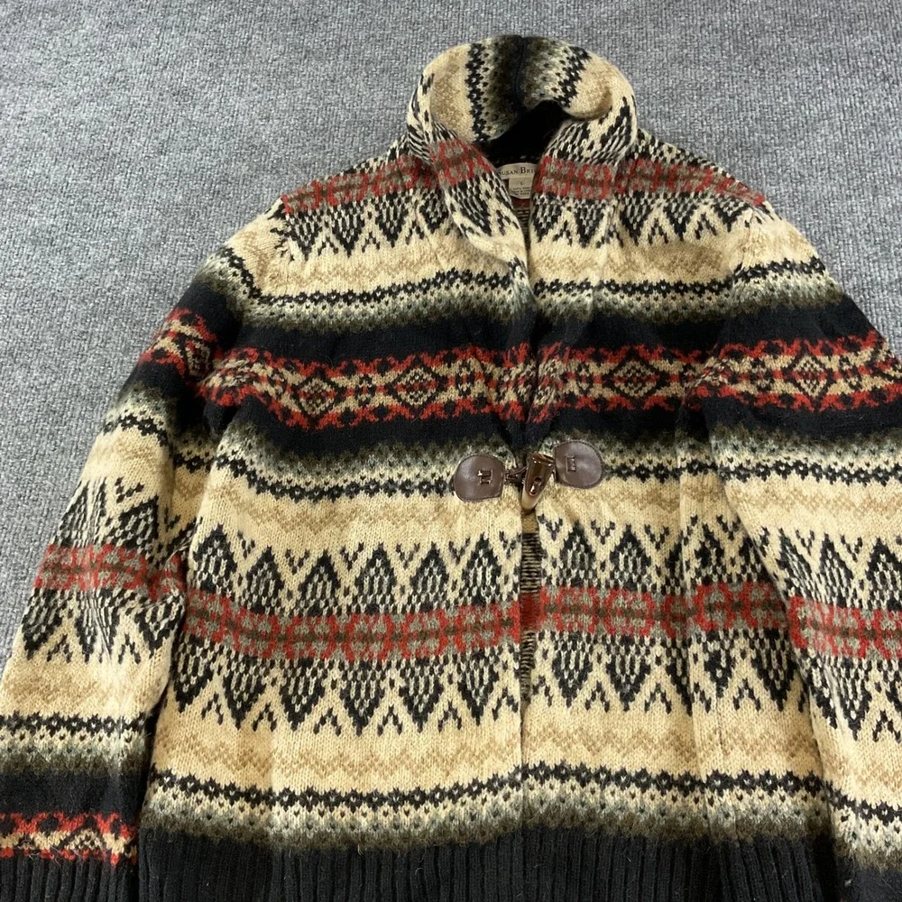 Susan Bristol Mens Wool Fair Isle Toggle Cardigan Sweater Shawl Collar L Black